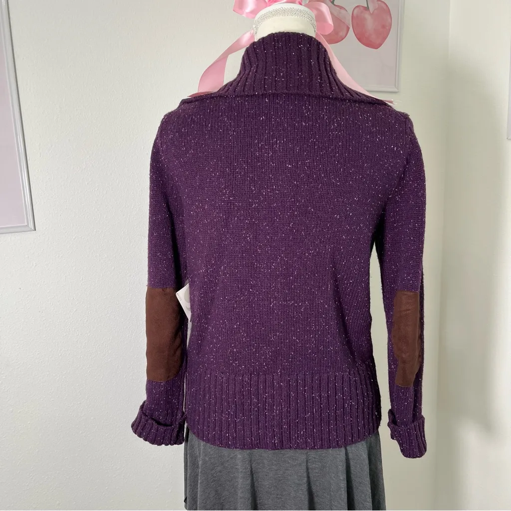 Vintage‎ 90s Purple Heathered Knit Button Cardigan Brown Suede Trim Womens Small - Image 7