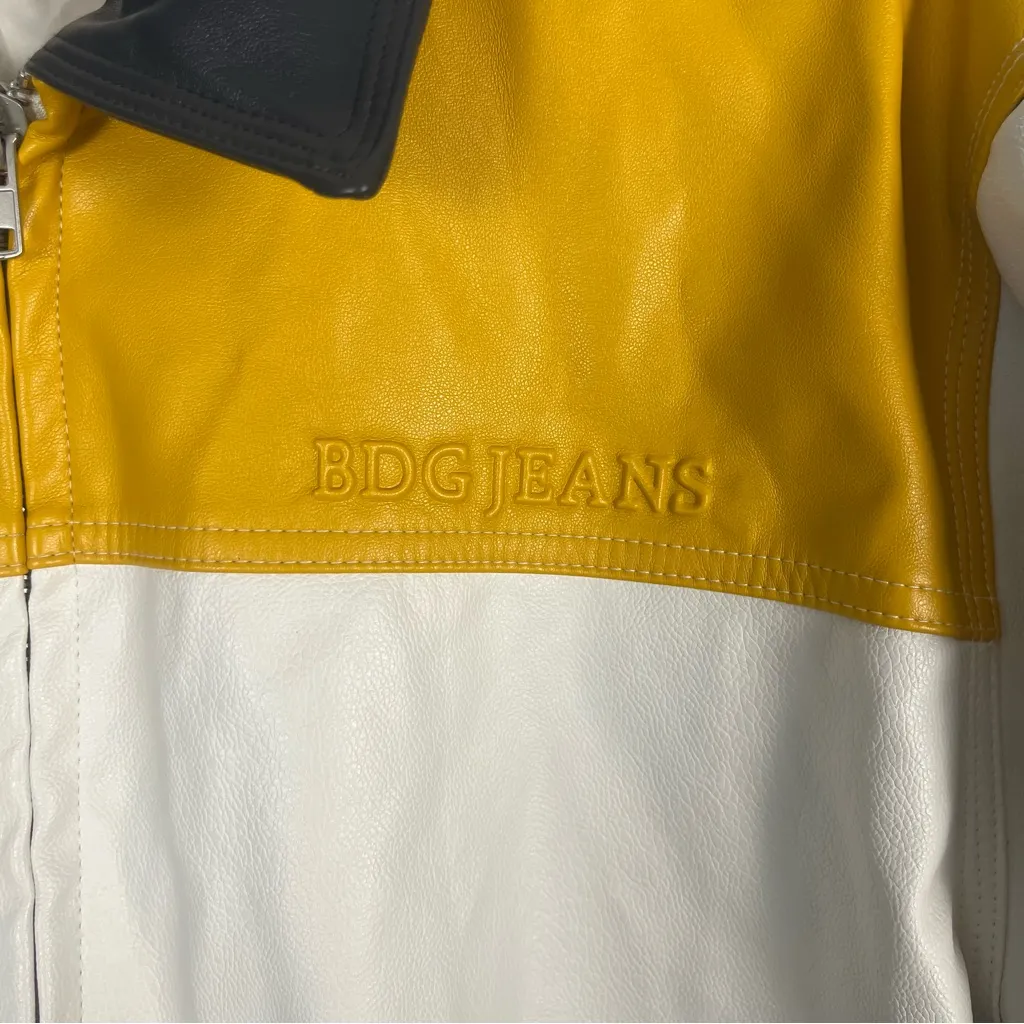 Bdg Faux leather White and yellow oversize bomber jacket size large - Image 3