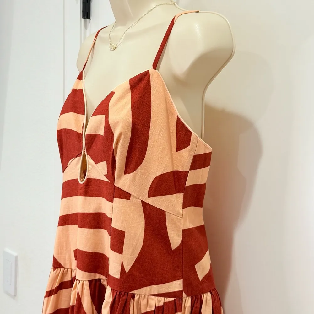 Mon Renn Surreal Midi Dress Tropico Print Red Medium Drop Waist Cotton Vacation - Image 5