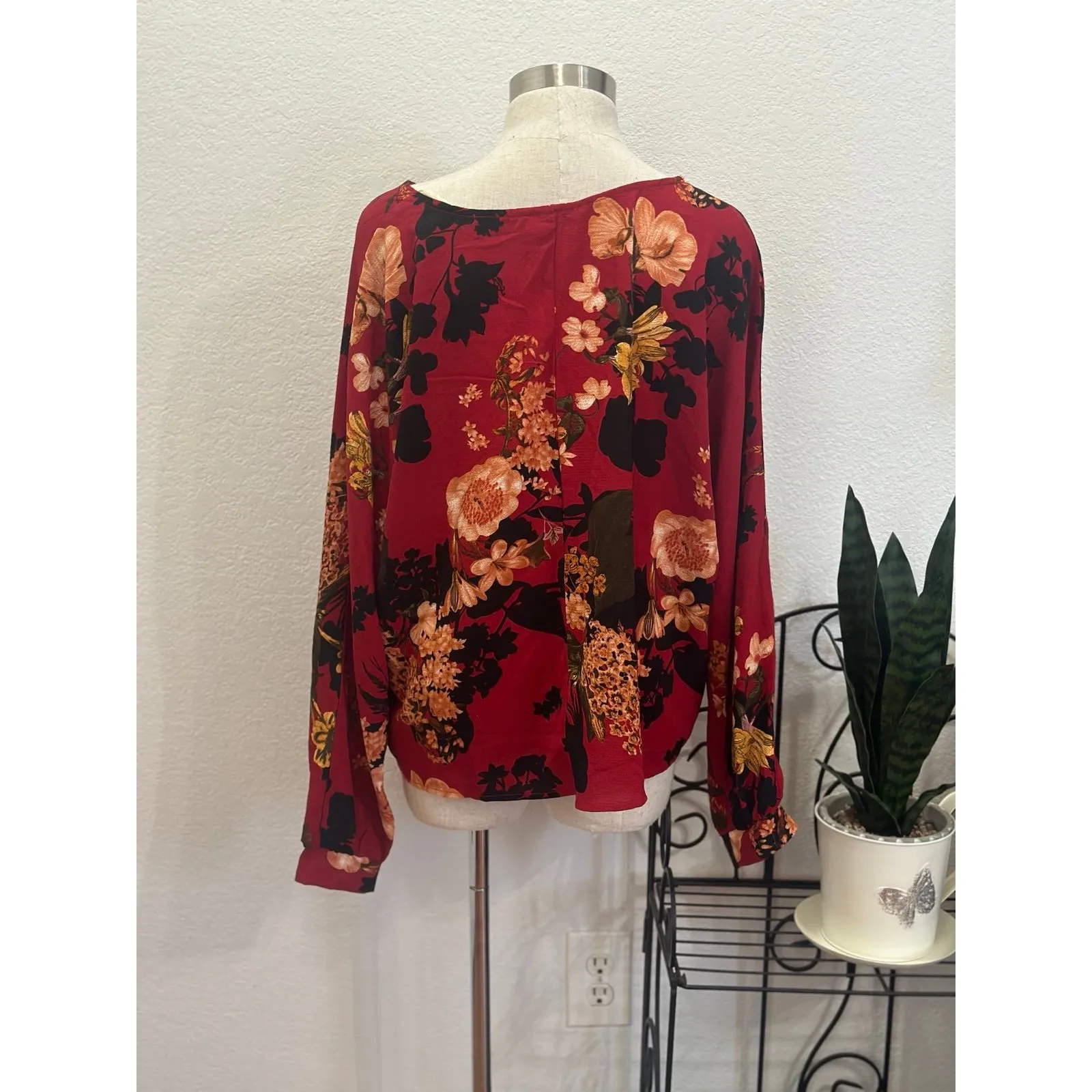 Floral Tie Front Blouse Burgundy Red Long‎ Sleeve V Neck Top - Image 4