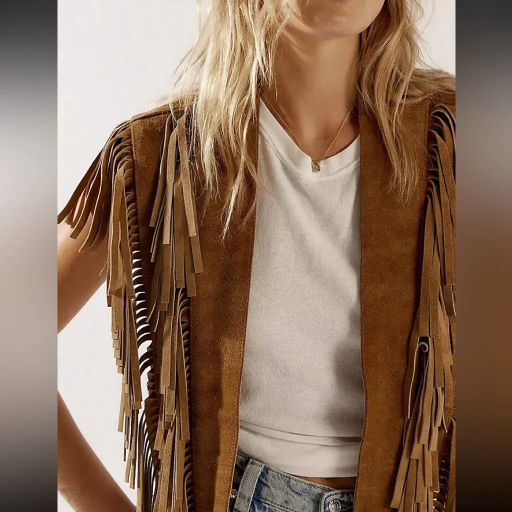 Western Camel Brown Faux Suede Fringe Collar Vest New Cowgirl Costume Halloween - Image 10