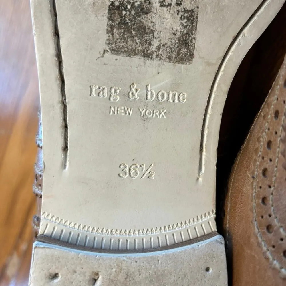 Rag & Bone 36.5 6.5 Cognac Leather Brogue Slip On No Lace Wingtip Oxford Shoes - Image 6