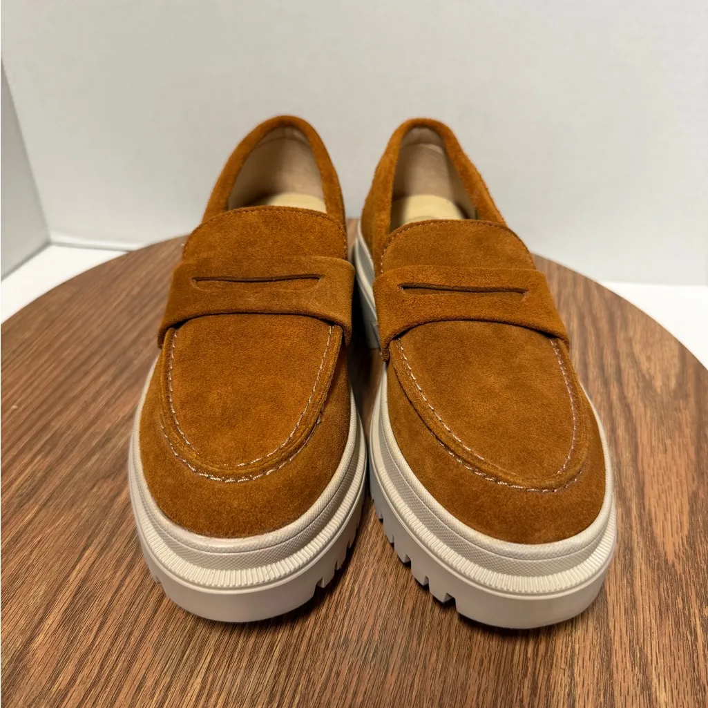 Portland Leather Patina Zoe Caramel Suede Penny Loafer Platform Lug Heel Shoe Size 5.5 - Image 2