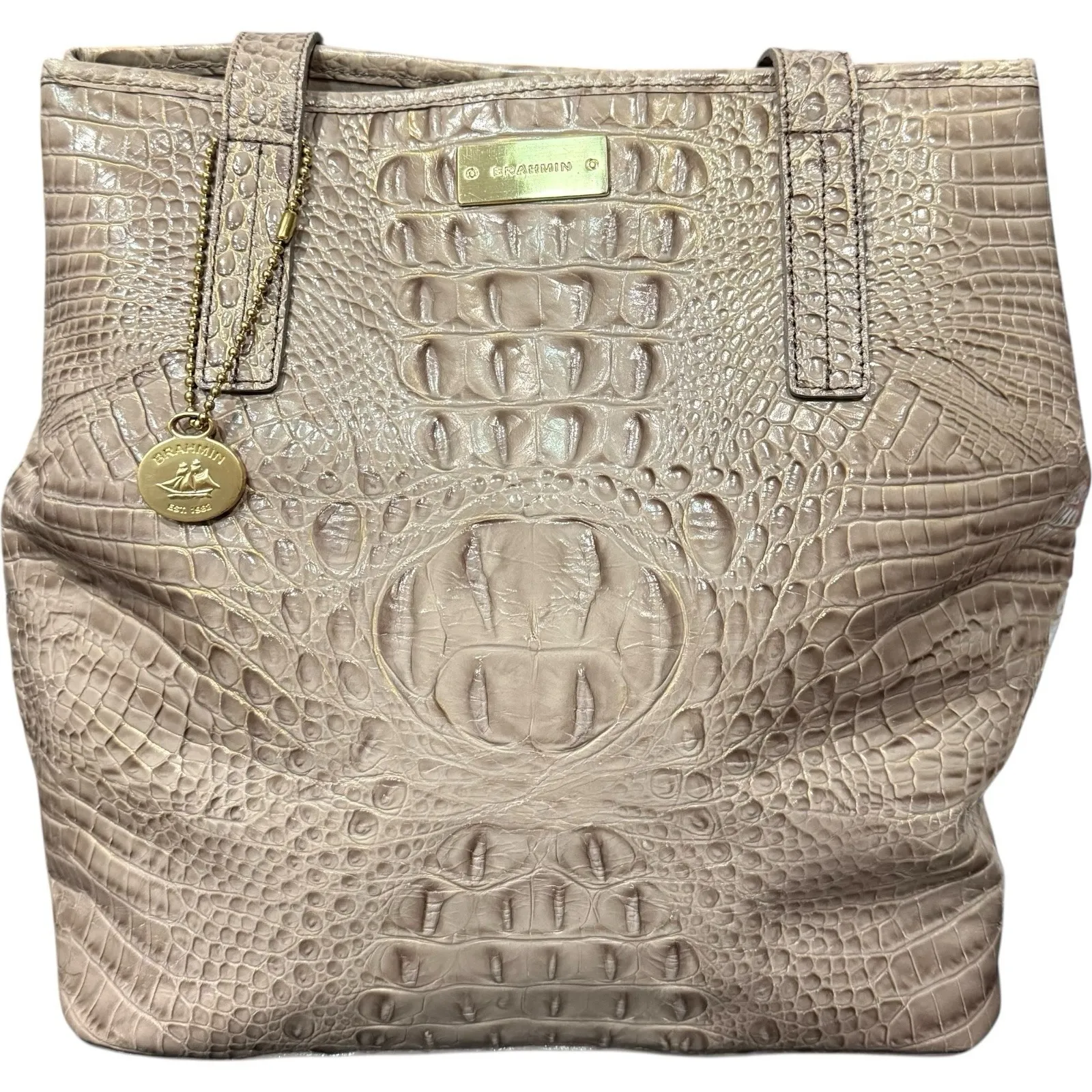 Brahmin Melbourne Croc Embossed Leather Shoulder Tote Bag Taupe Gold Hardware - Image 5