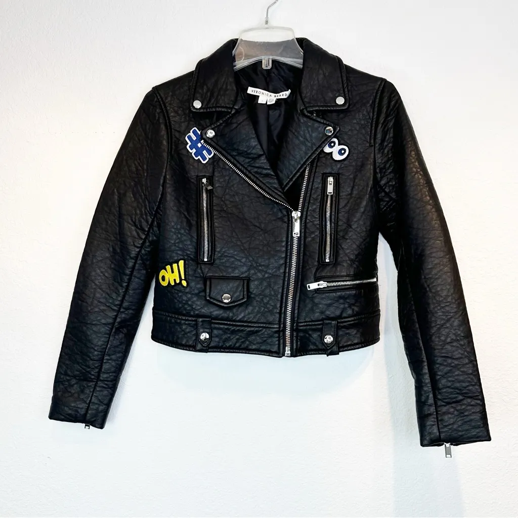 Veronica Beard Faux Black Leather Moto Jacket Patches Size 0/XS - Image 1