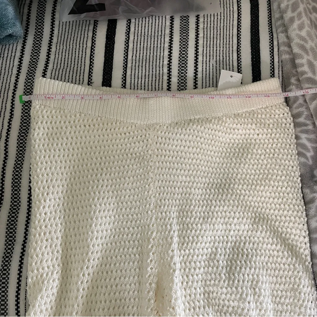 Pink Rose White Bohemian 70's Crochet Hippie Bell Bottom Pants & Crop Medium Set - Image 12