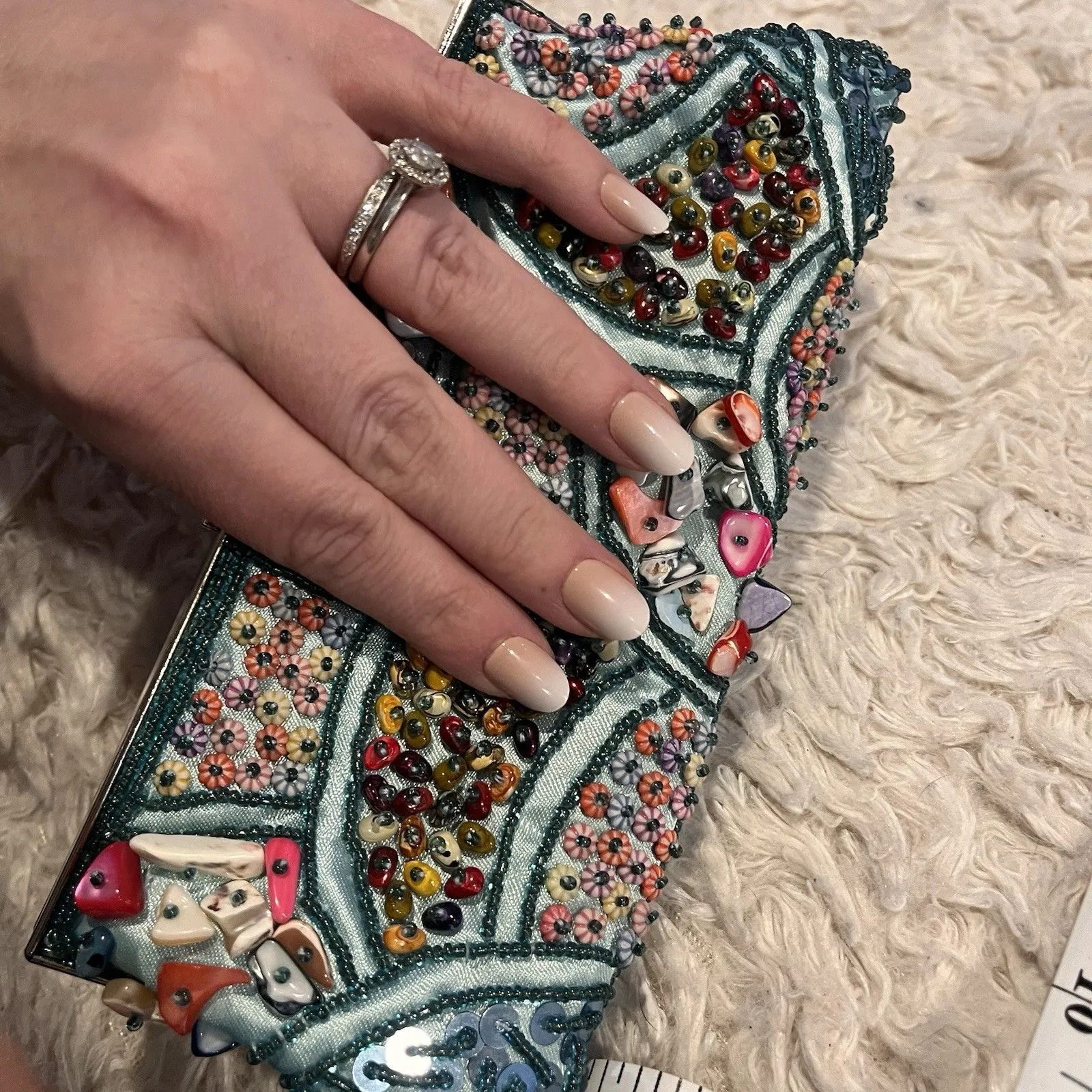 Hand Beaded Shell Clutch Purse Teal Blue Kiss Lock Evening Bag w/ Chain - Image 15