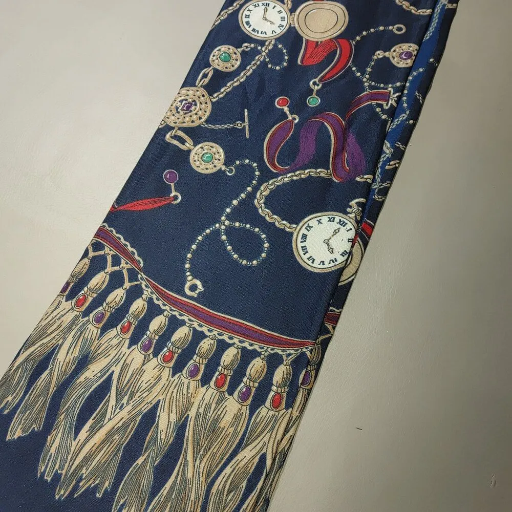 Navy Silk Scarf With Clock Tassel Print Long Rectangular Design Coat Accent Gold - Image 7