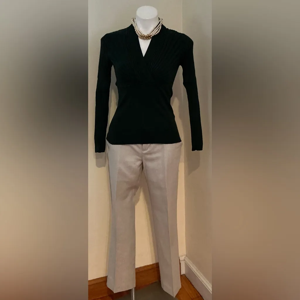 INC Evergreen V Neck Crossover Fitted Ribbed Subtle Pull Over Sweater Sz M Green Size M - Image 5