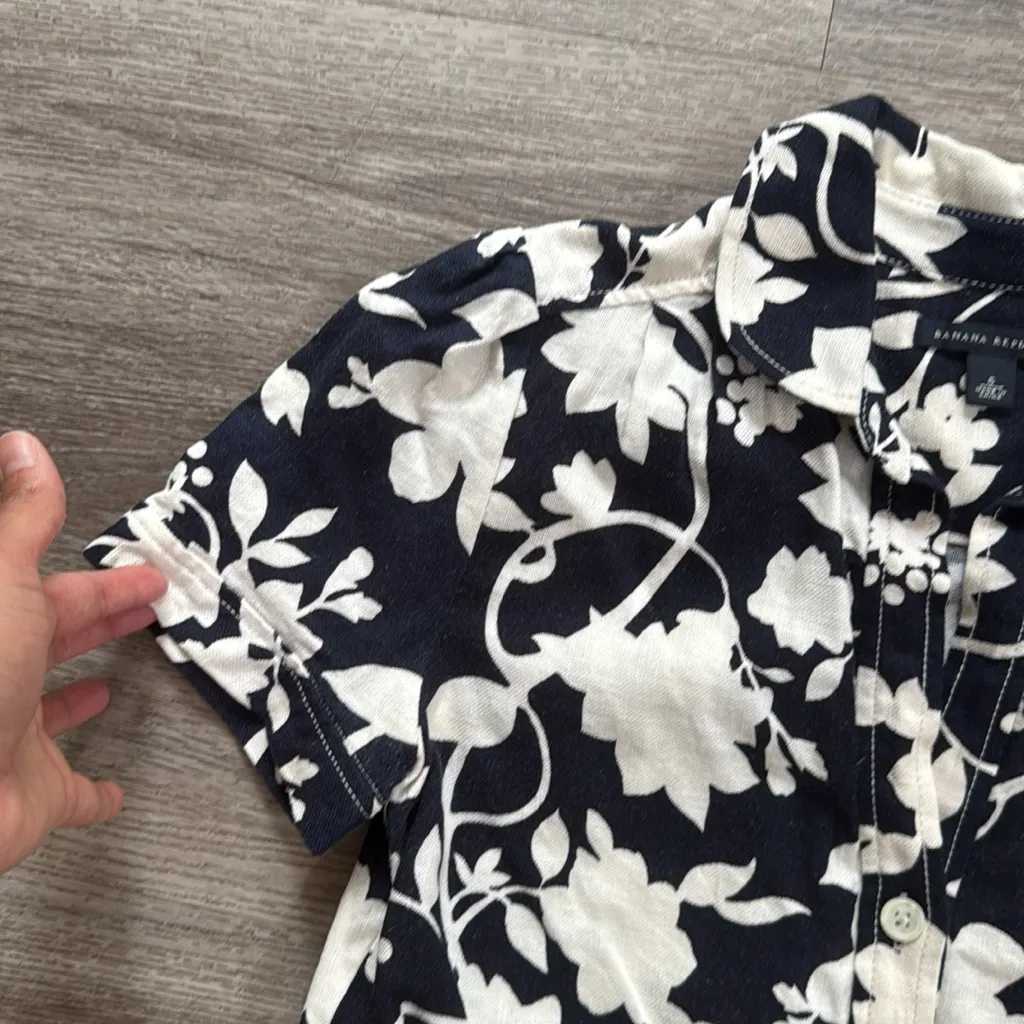 Banana Republic Navy and White Floral Button Down Mini Dress 6 Linen Casual - Image 4