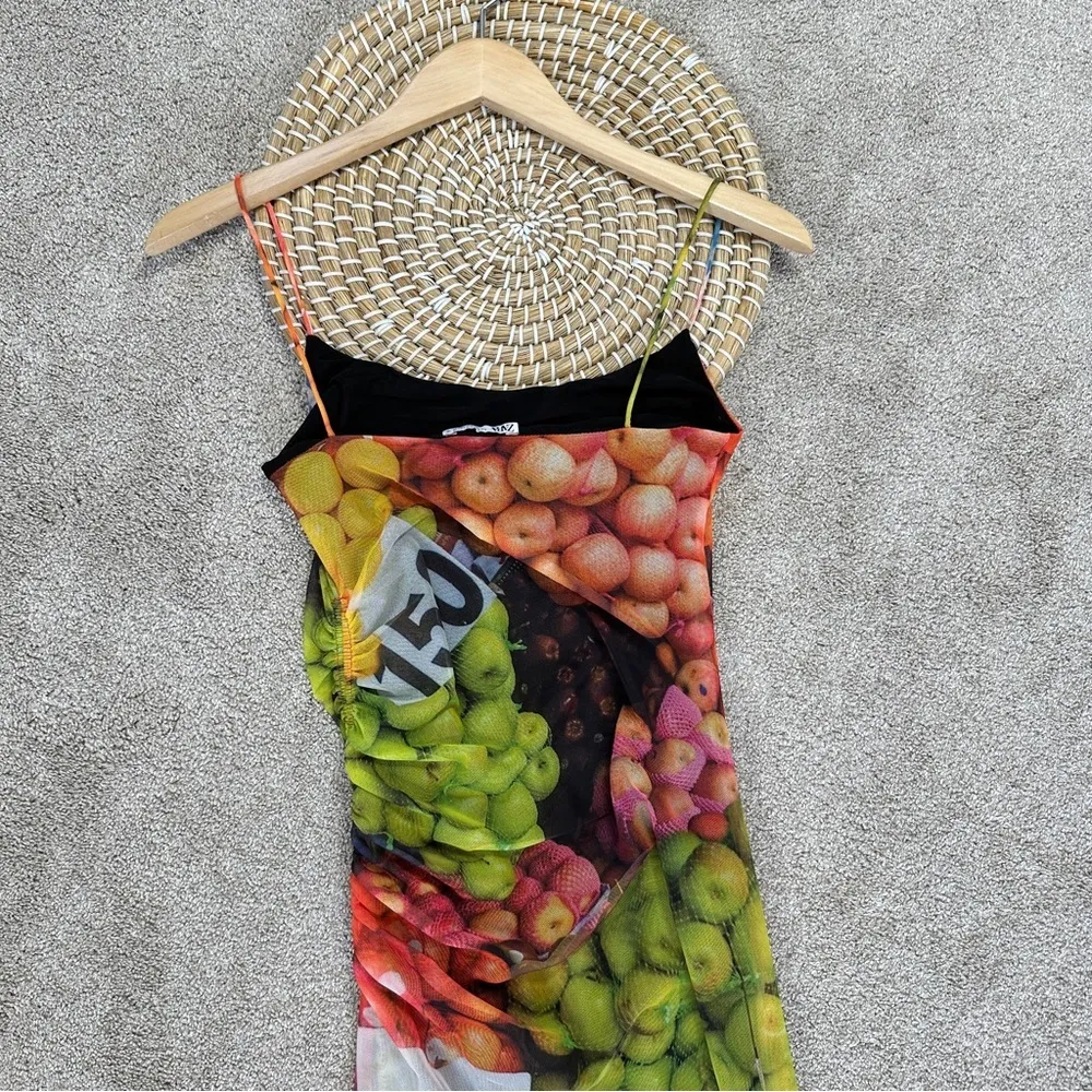 Zara Ruched Mesh Maxi Dress Strappy Sleeveless Fruit Stand Print Colorful Size S - Image 9