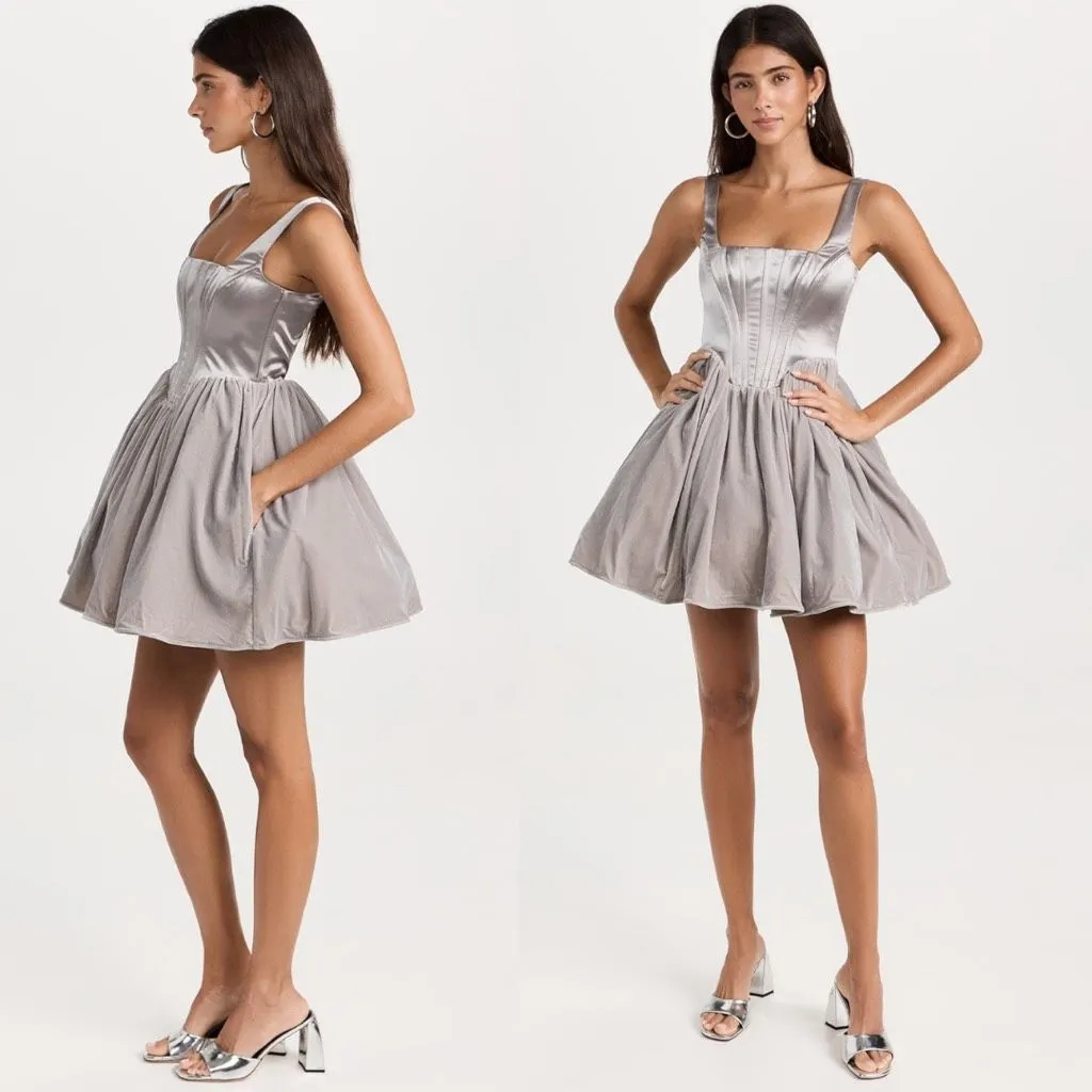 Staud Dress Landscape Silver Square Neck Corset Velvet Satin Mini Dress‎ Size 0 - Image 2