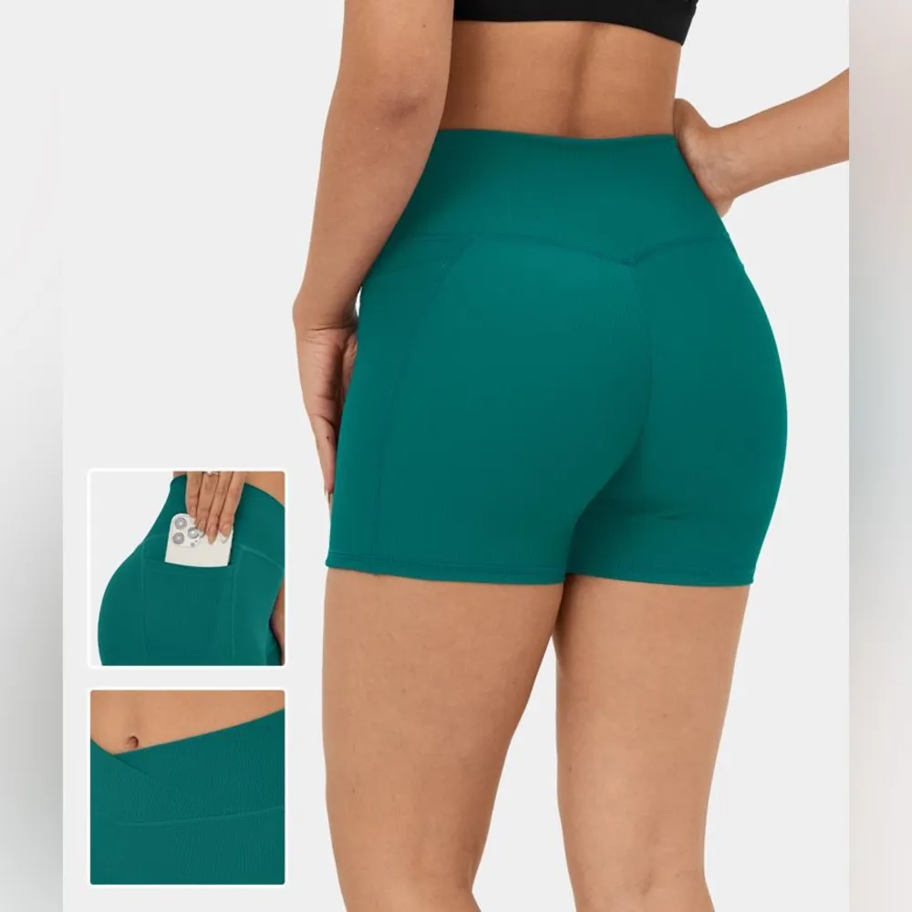 Halara Ribbed Knit High Waisted Crossover Biker Shorts Medium Women’s Green NWT. - Image 5