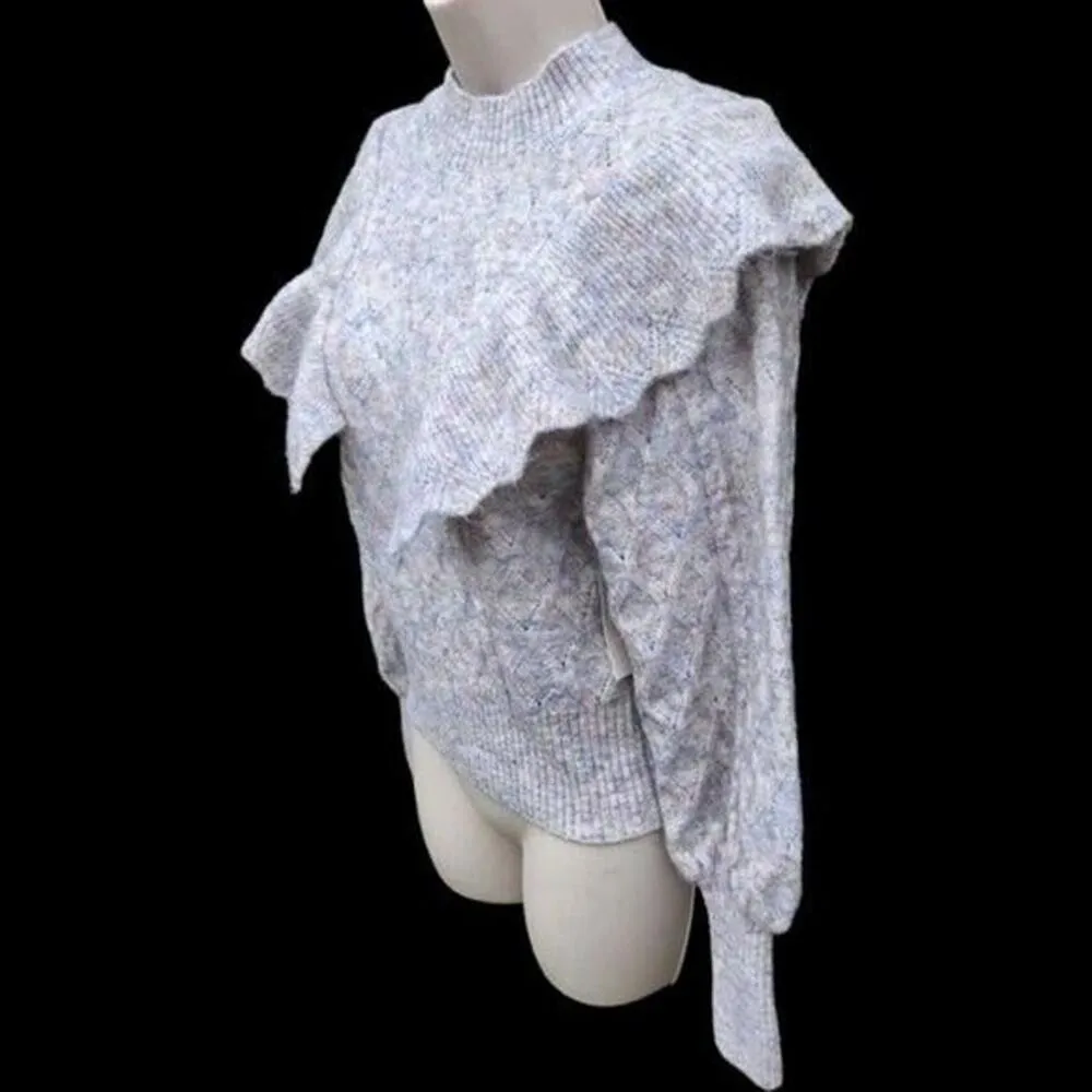 NEW So Mockneck Ruffled Grey Speckled Pattern Sweater Size S Wool Blend - Image 5