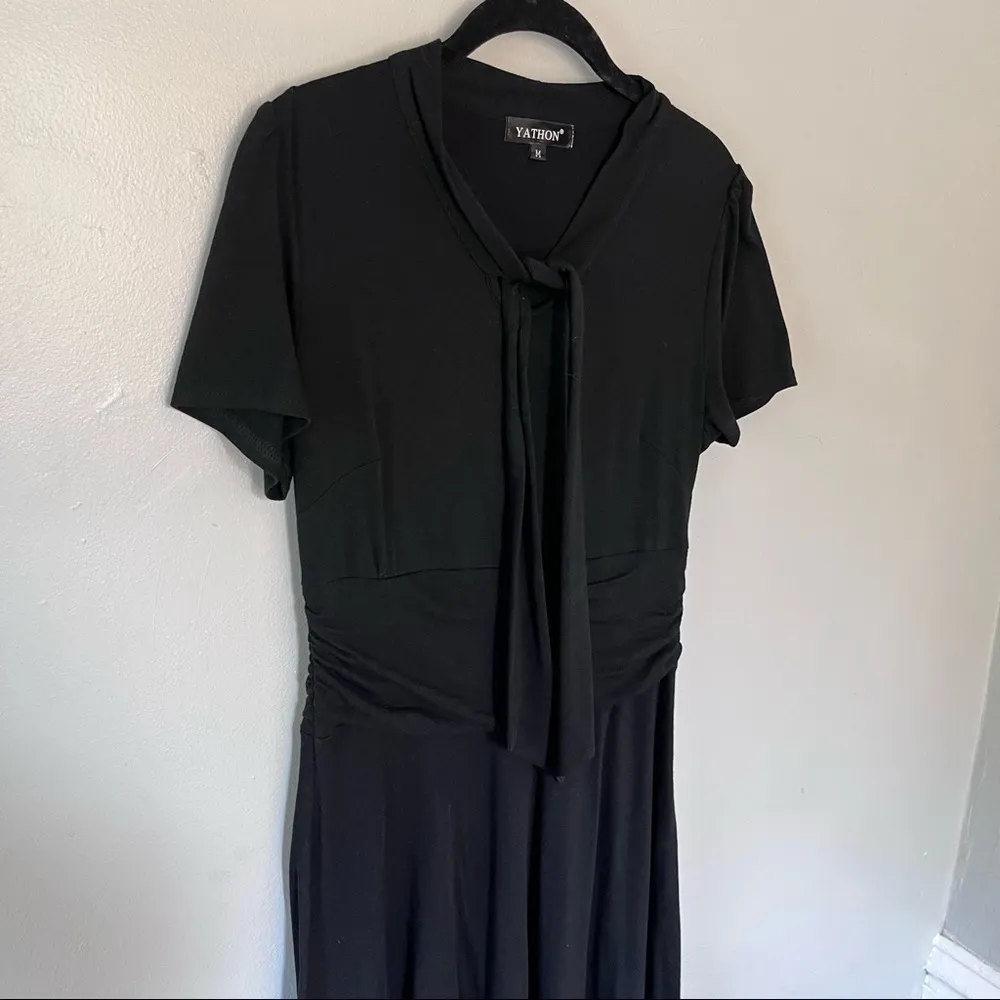 Women’s Dress Elegant Bow Swing Casual Party Vintage Ruched Stretch Medium Black - Image 3