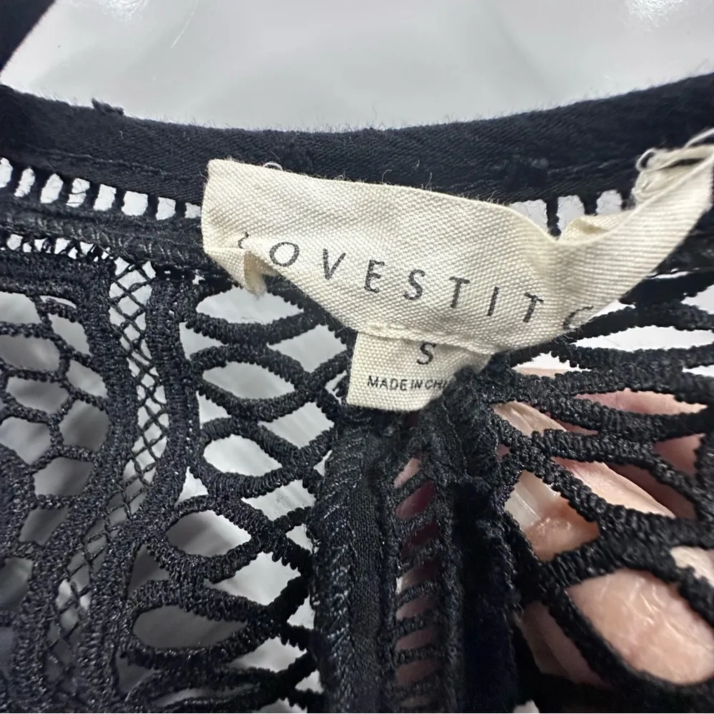 Love Stitch Black Lace Swiss Dot Tie Front Button Up 3 Quarter Sleeve Blouse S - Image 11