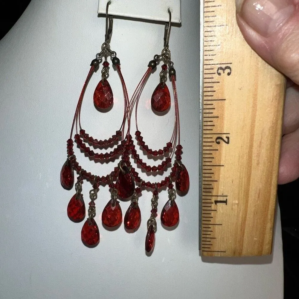 Vintage Goth Boho Red‎ Crystal Layered Earrings Red - Image 6