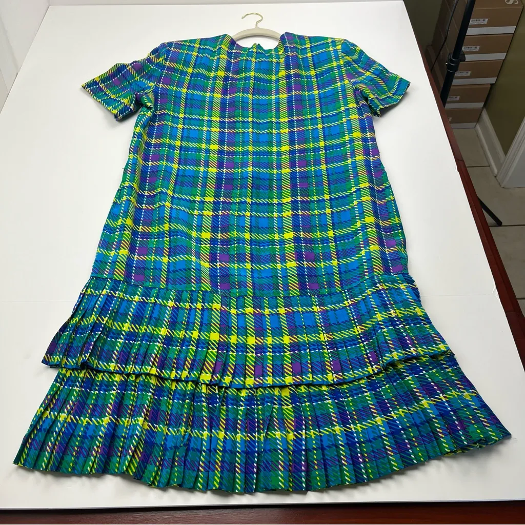 Oleg Cassini 100% Silk Blue Green Plaid Pleated Midi Dress Women Size 12 Vintage - Image 9