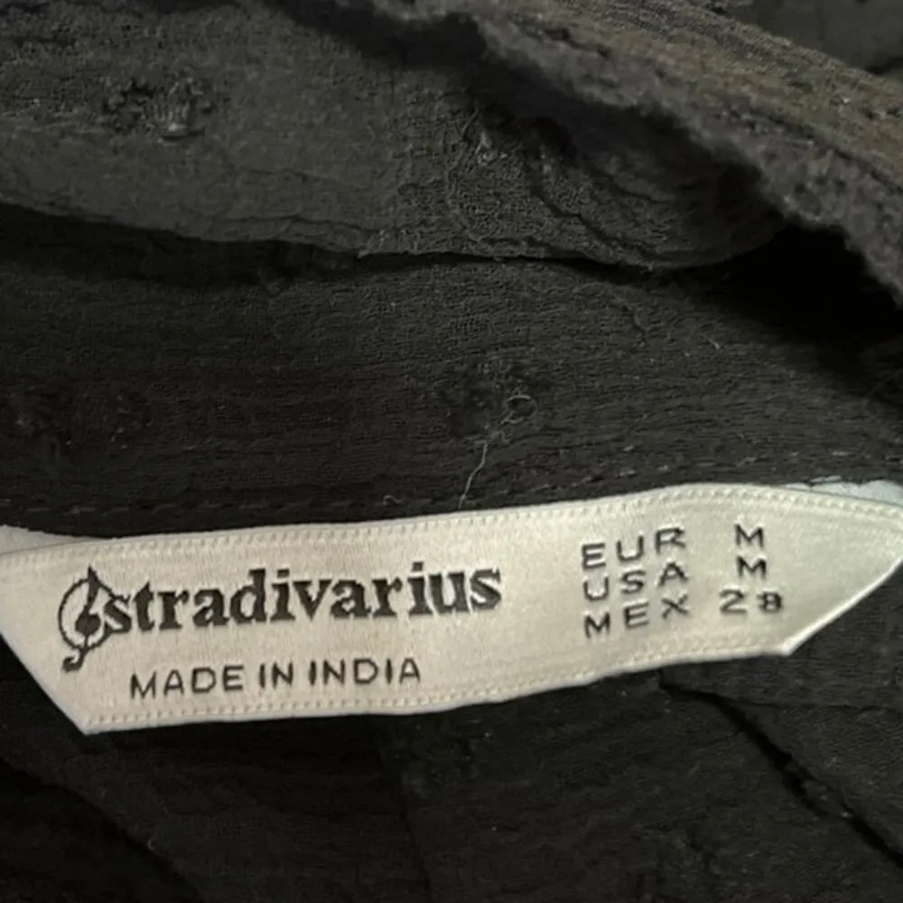 Stradivarius Black Deep V-Neck Polka Tie Neck Long Sleeve Sheer Blouse Top Sz M - Image 4