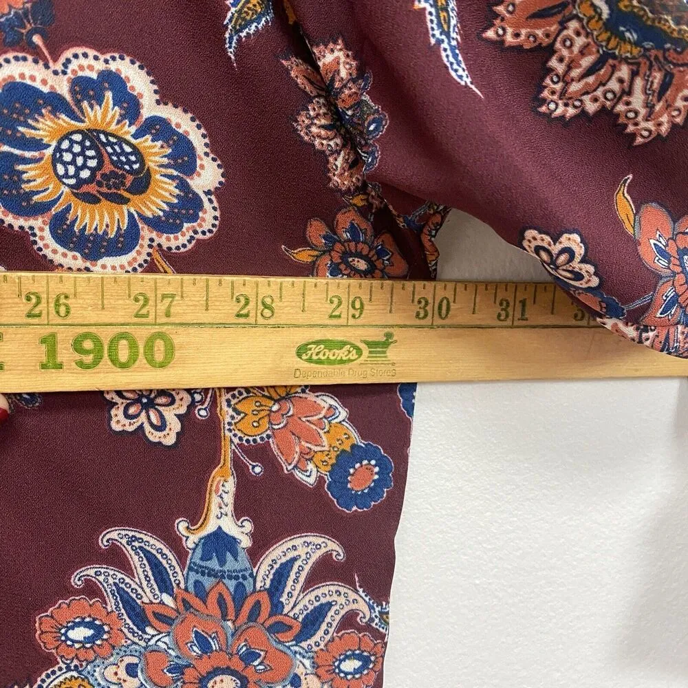 AGNES & DORA Top XL Button Down Peasant Floral Long Casual V-Neck Maroon - Image 8