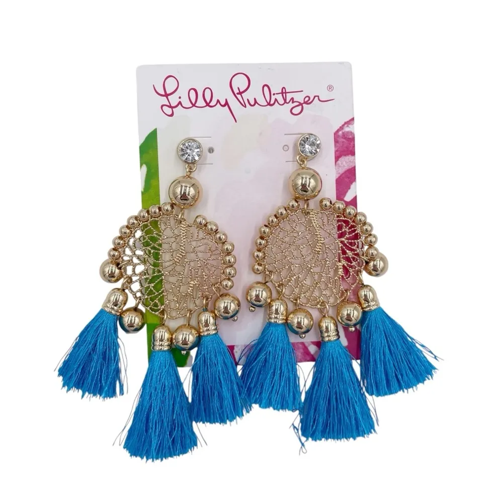 NEW Lilly Pulitzer Sea Dreamer Earrings in Cumulus Blue Gold Tassels Boho Preppy - Image 3