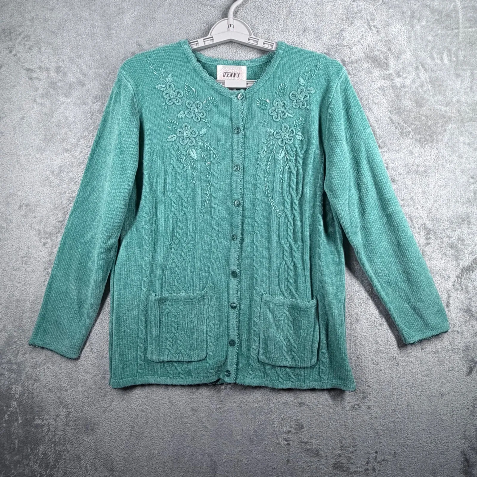 Jenny Cardigan Sweater Teal Cable Knit Beads Floral Granny Cottagecore L Vintage Green Size L - Image 2