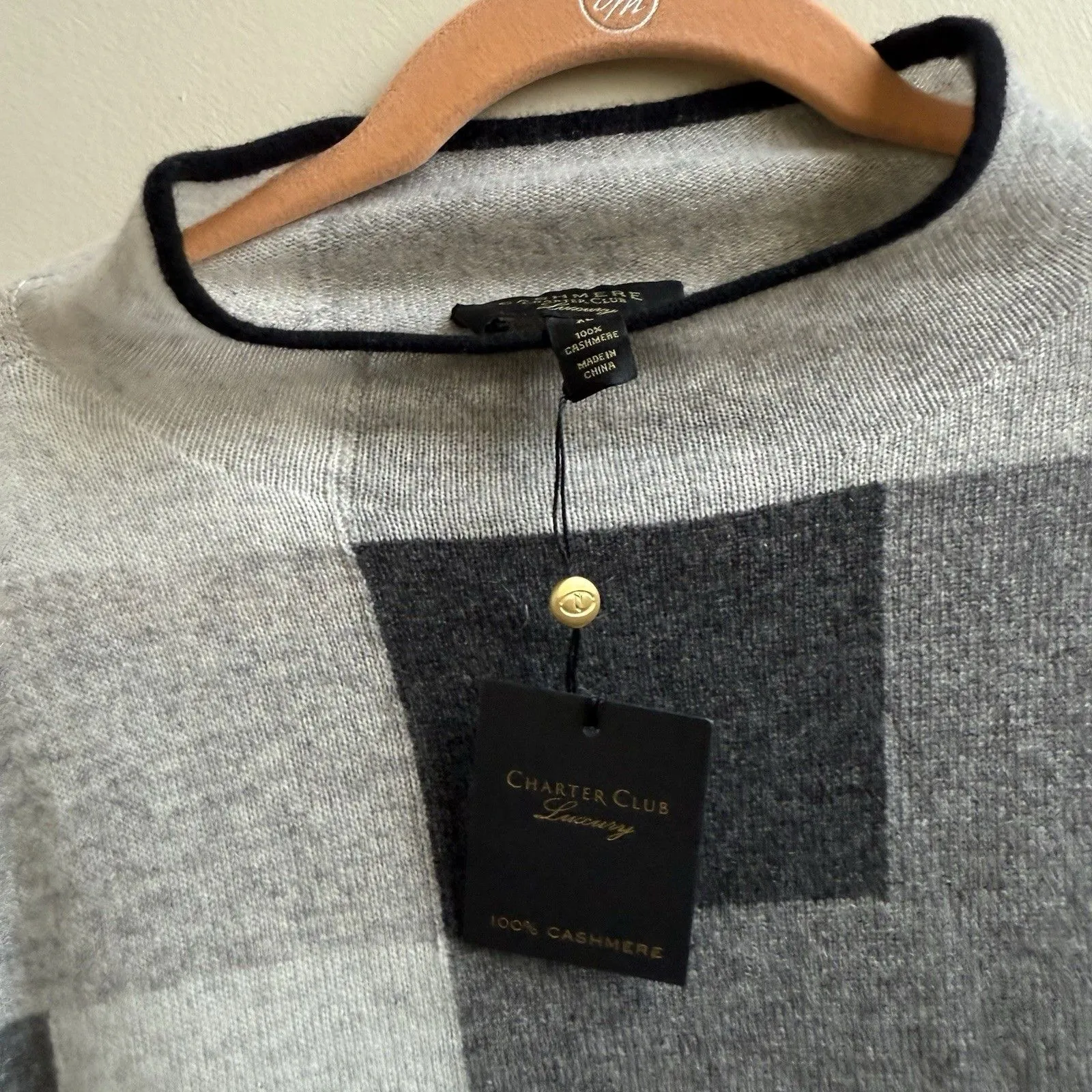 NWT CHARTER CLUB 100% Cashmere Grey Black Colorblock Sweater Women's Size XL - Image 4