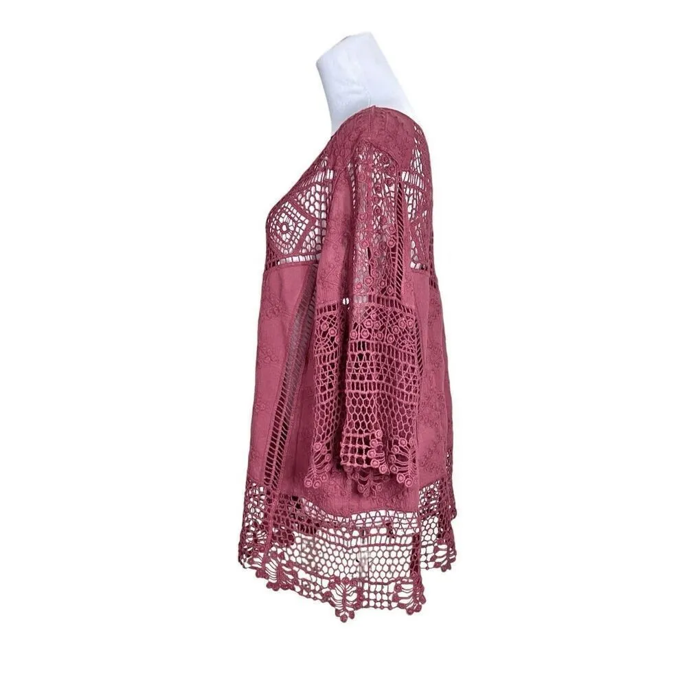 Democracy Lacy Crocheted Embroidered Burgundy Blouse sz Large‎ Bohemian - Image 2