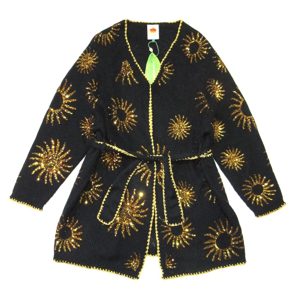 NWT Farm Rio Sun Sequin Cardigan in Sunny Mood Black Belted Long Knit Sweater M - Image 2
