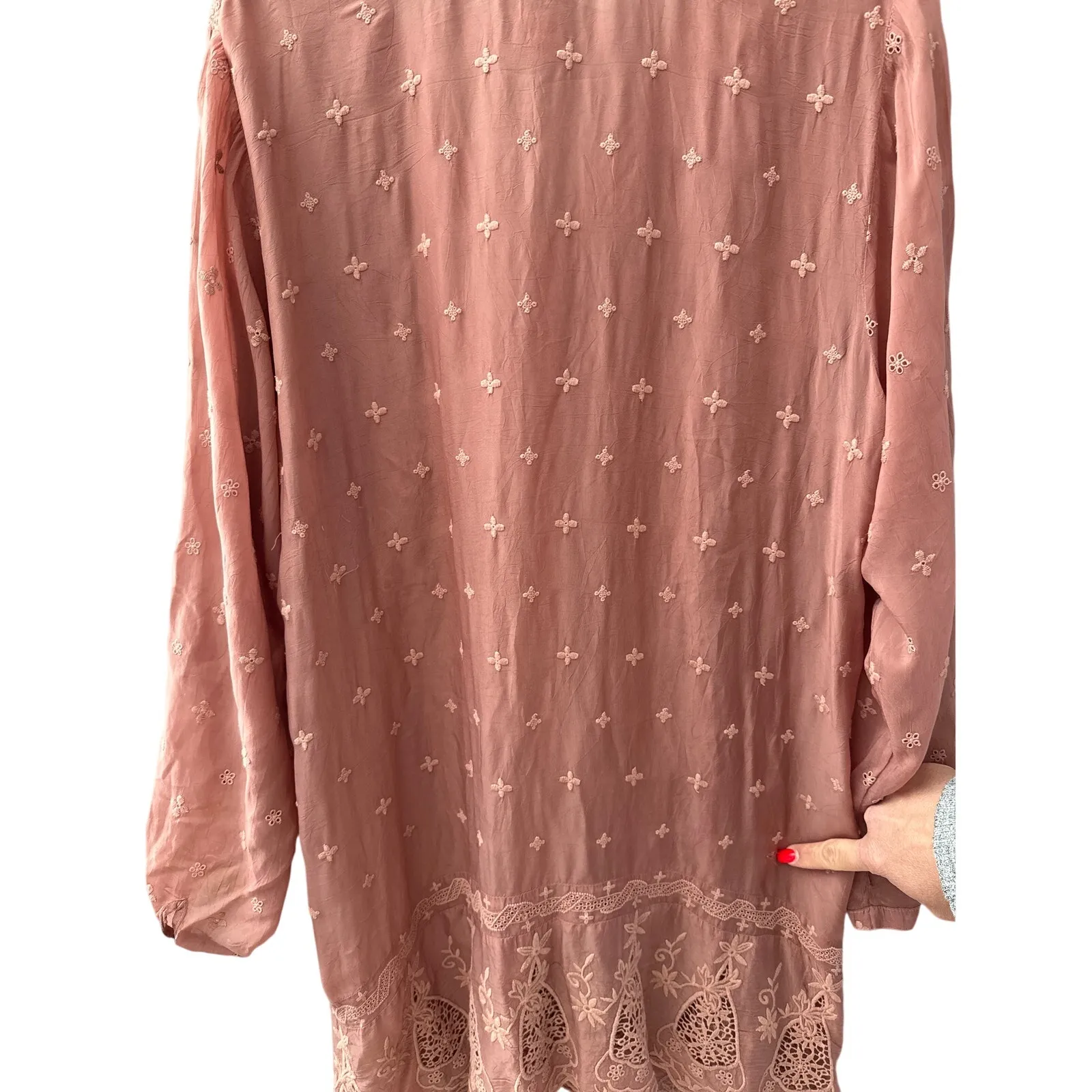 Johnny Was Plus V-Neck Embroidered‎ Tab Sleeve Midi Dress Dusty Rose Size 2X - Image 4