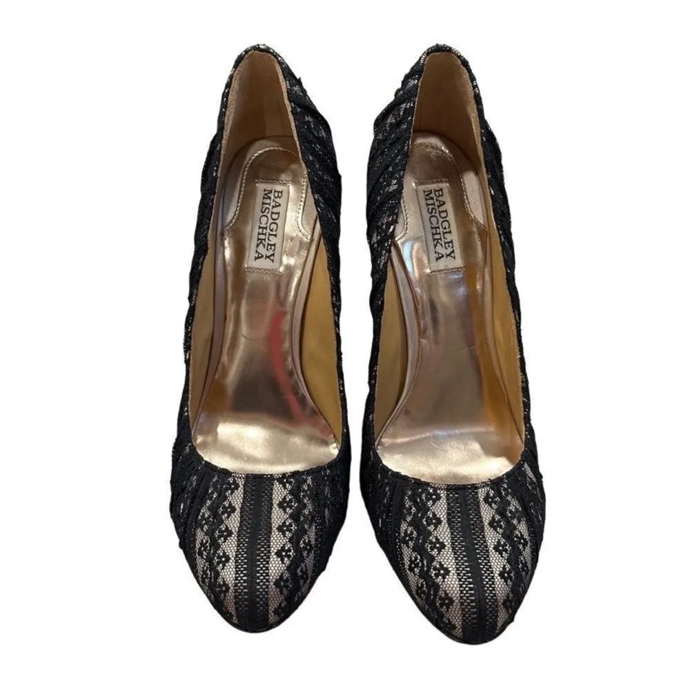 Badgley Mischka Black & Nude Lace Closed Toe 5" Stiletto Heel Pumps Size 8.5 - Image 2