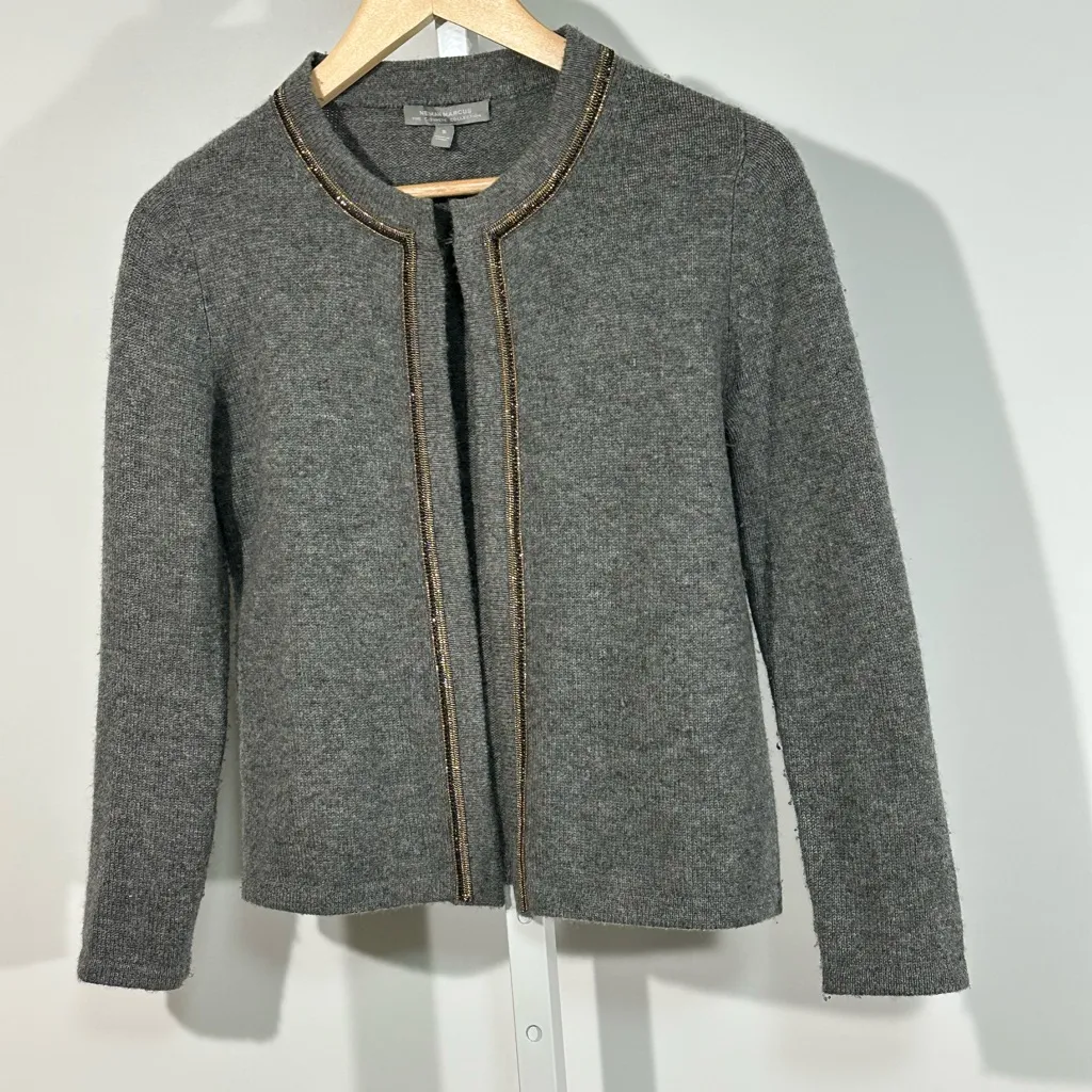 Neiman Marcus Cashmere Collection Metallic Trim Open Cardigan – Gray, Size Small - Image 1