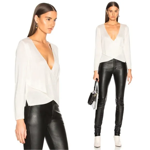 Michelle Mason • Cross Wrap Sweater top metallic silver grey surplice knit drape - Image 2