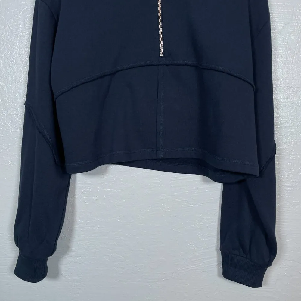 Sweaty Betty Women 12 Navy Blue Revive Lounge Half Zip Pullover Crop Sweatshirt - Image 2
