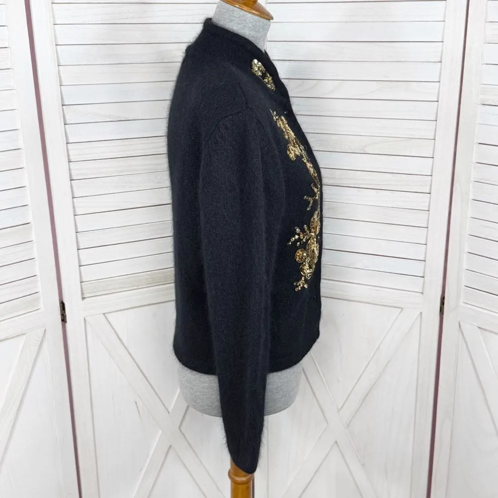 Vintage Karen Scott Sequin Fuzzy Angora Wool Cardigan Sweater Black Gold Medium - Image 3