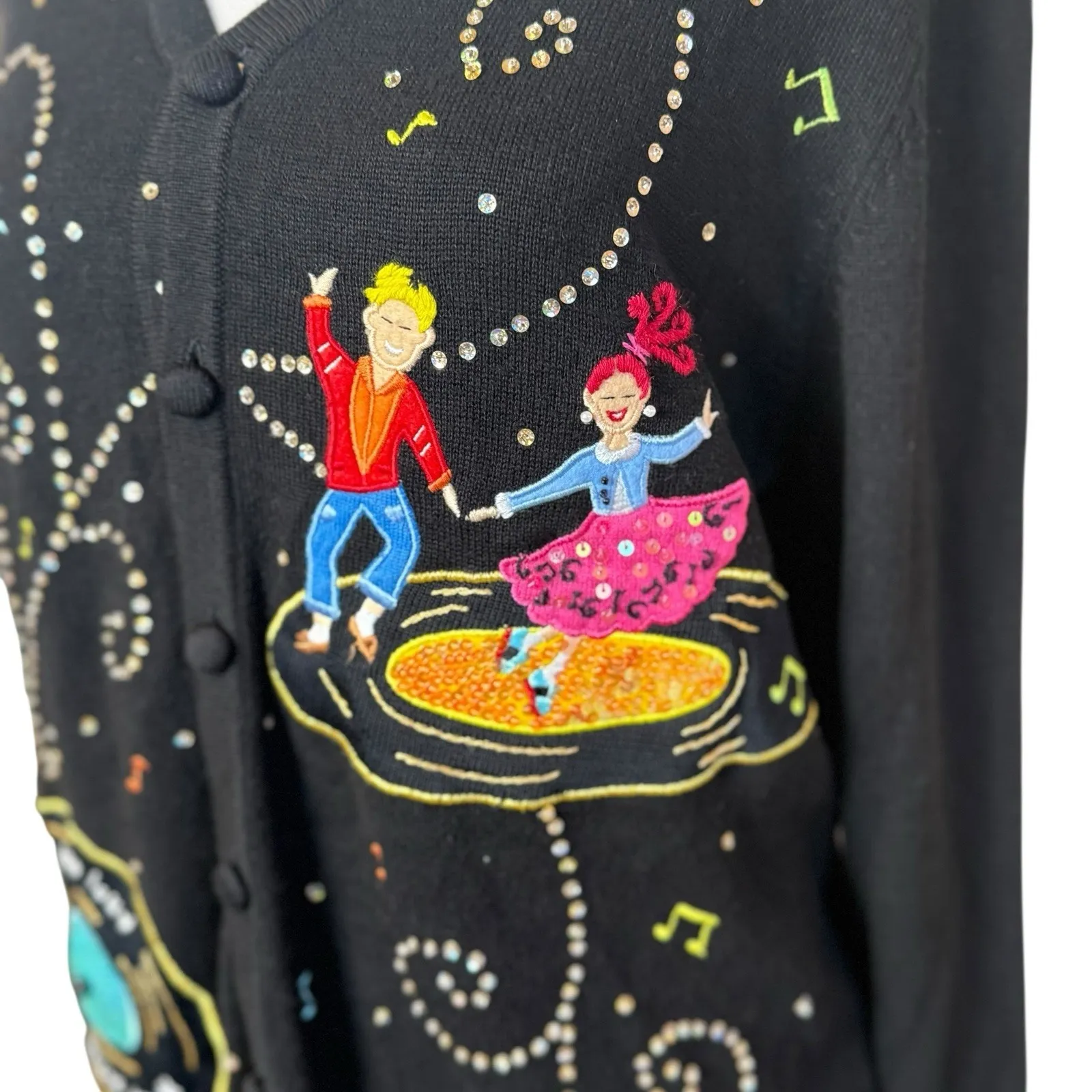 Berek Black Embroidered Beaded Music Cardigan 50s Sock Hop Rock 'n Roll Medium - Image 2