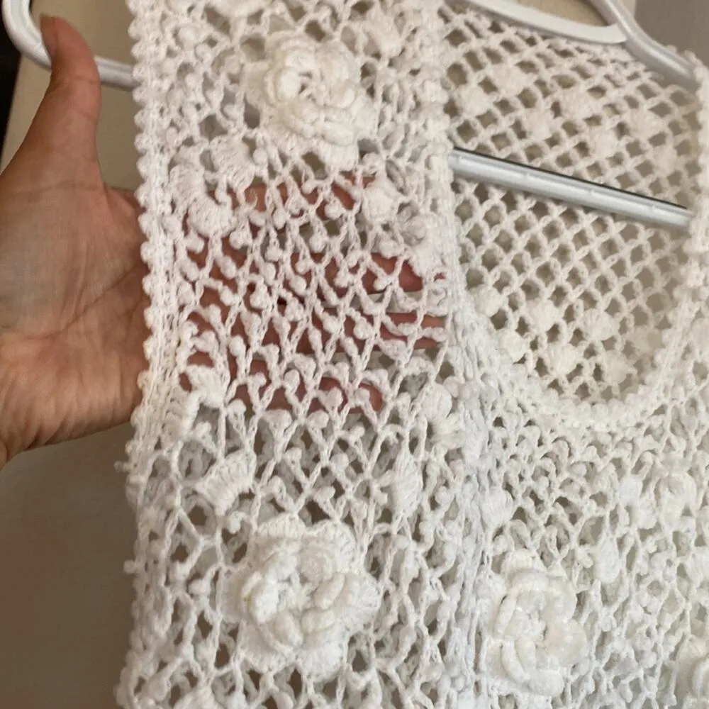 Vintage Le Roy knit sleeveless top vest cottage core bohemian coquette sz S White - Image 3