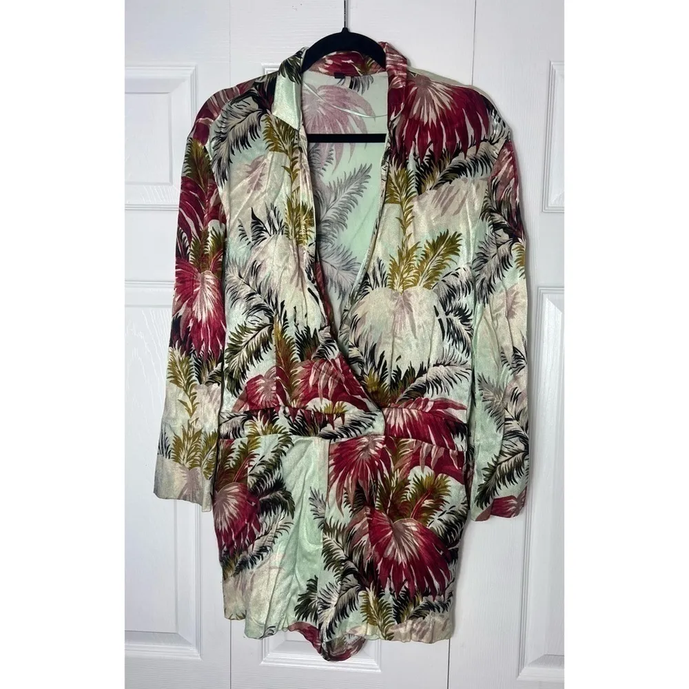 Topshop Tropical Floral Satin V-Neck Long Sleeve Romper Green Pink Size 10 Large - Image 5
