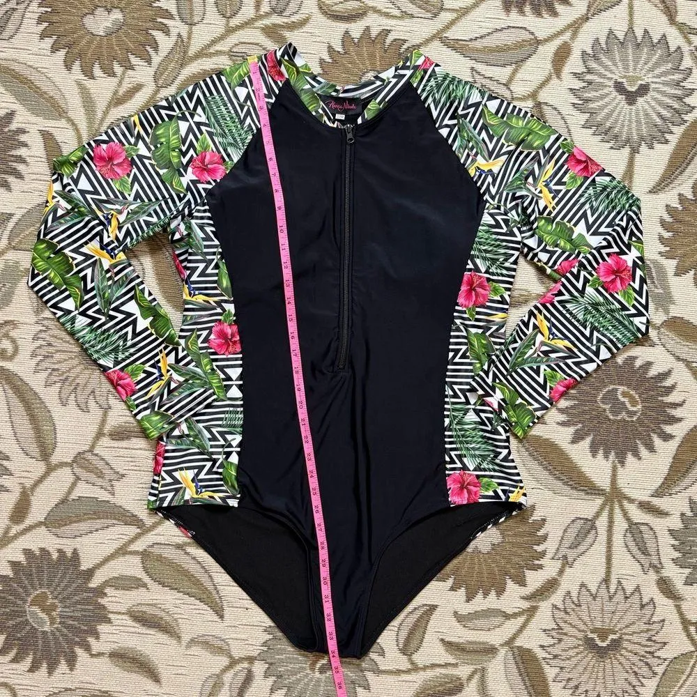 Floral Rash Guard Swimsuit Long Sleeve One Piece Rashguard Zip - Image 2
