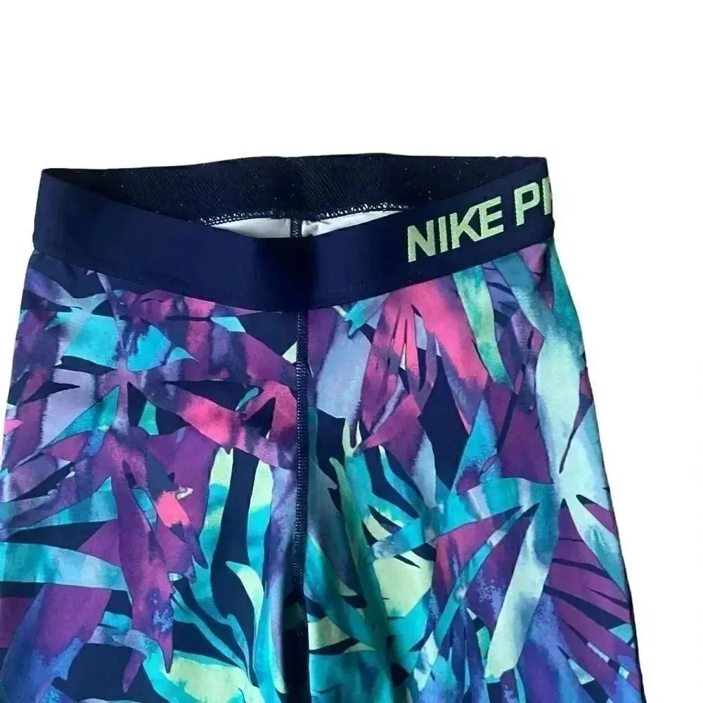 Nike Dri Fit Pro Tropical Leaf Floral Blue Leggings Size XS #1798 - Image 2