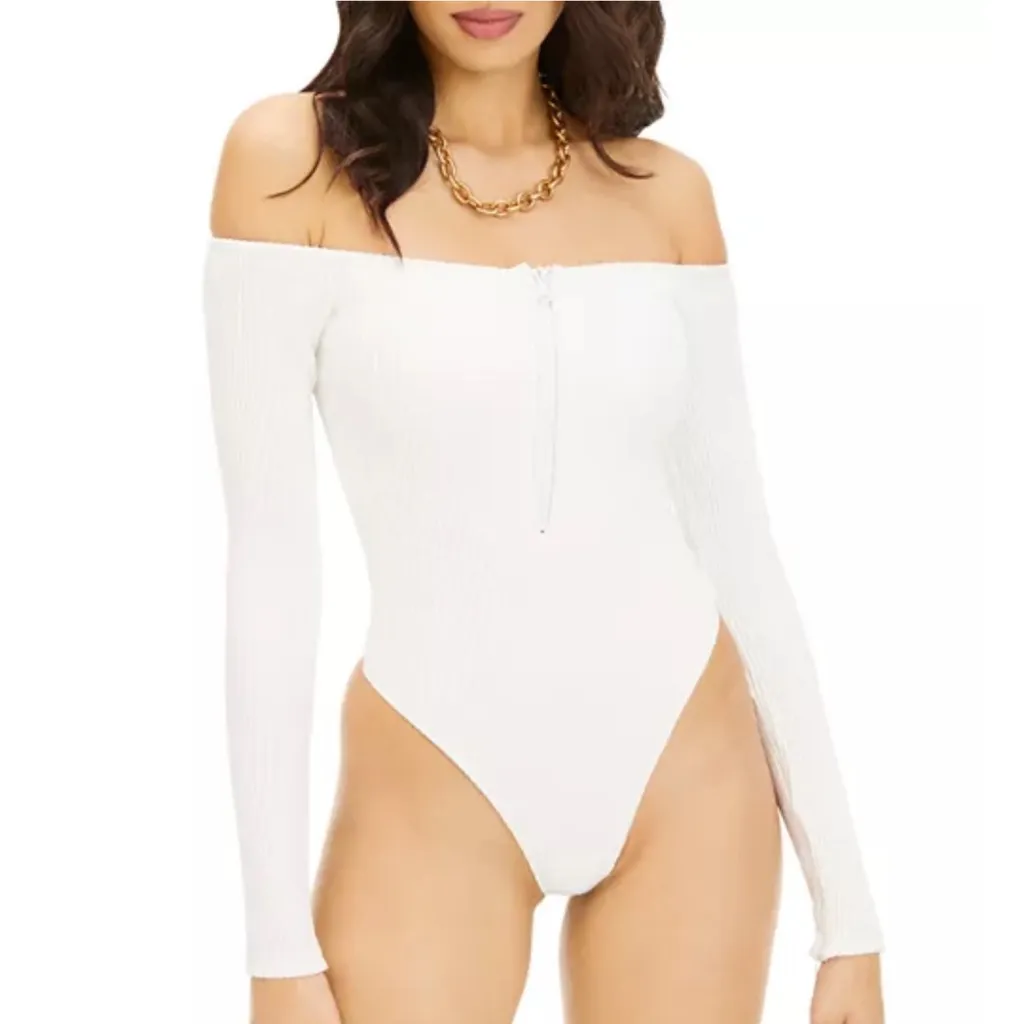 Good American Half-Zip Off Shoulder Bodysuit White - Image 5