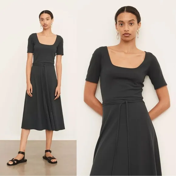 Vince • Short Sleeve Square-Neck Dress midi a-line tie waist jersey knit stretch - Image 2