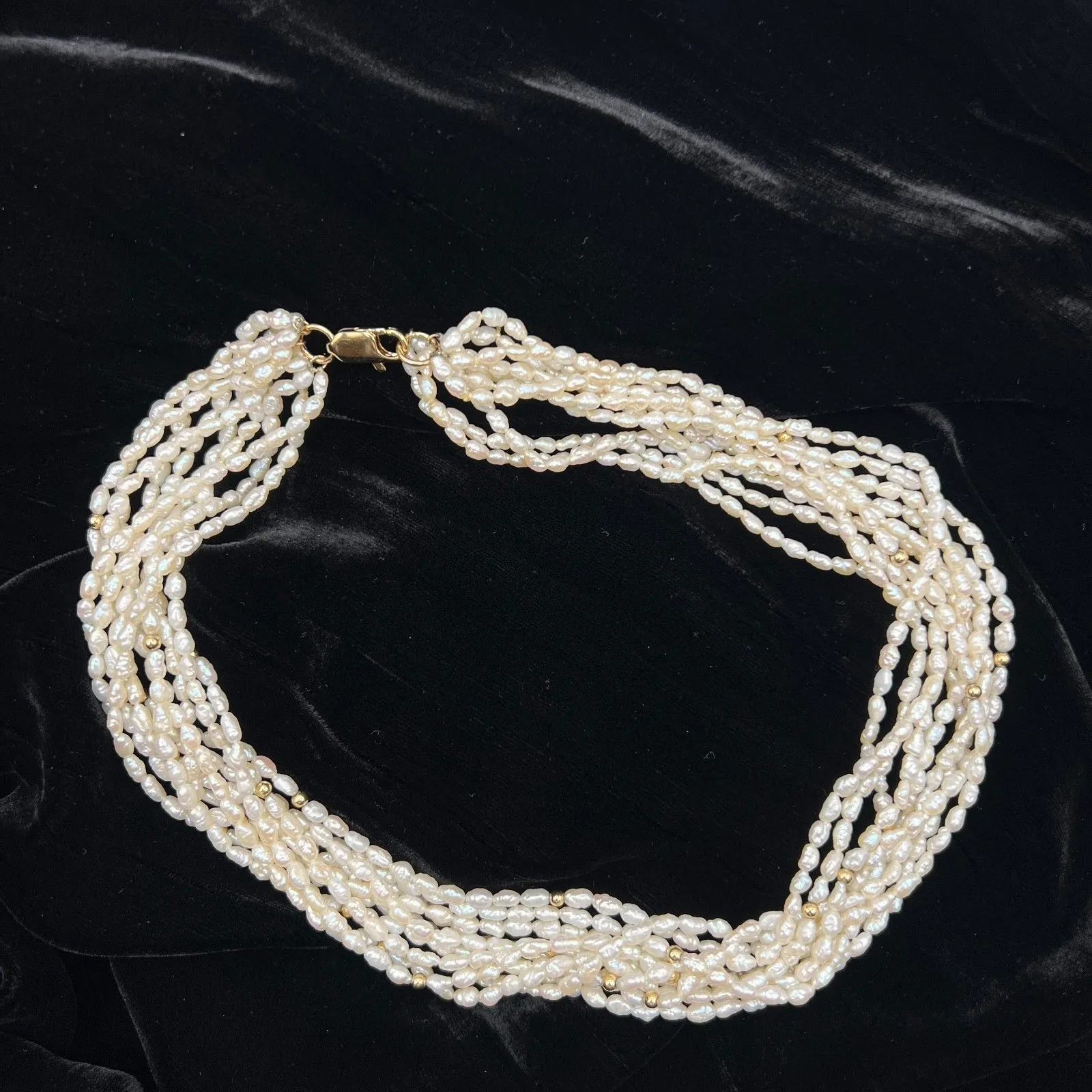 Freshwater Keshi pearl necklace 10 strands gold beads vintage White - Image 4