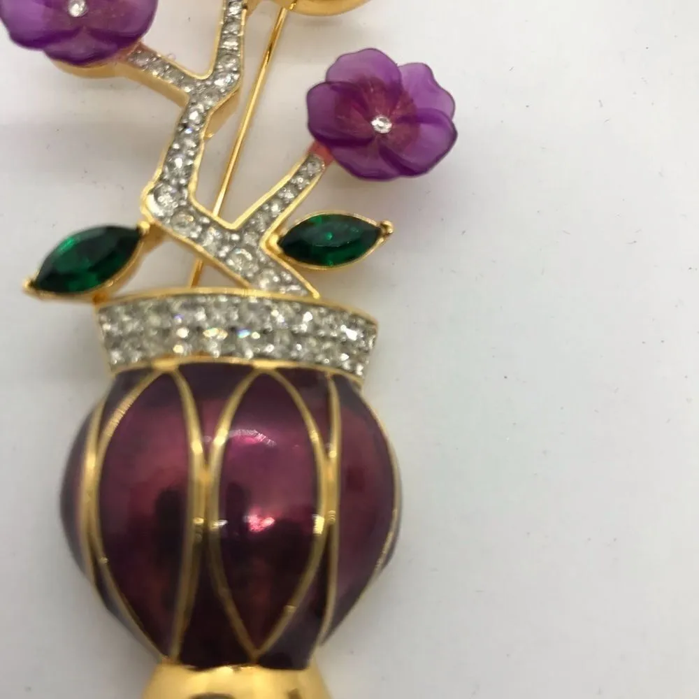 Flower Bouquet Vase Enamel Brooch Gold Tone 90s Vintage Green - Image 9