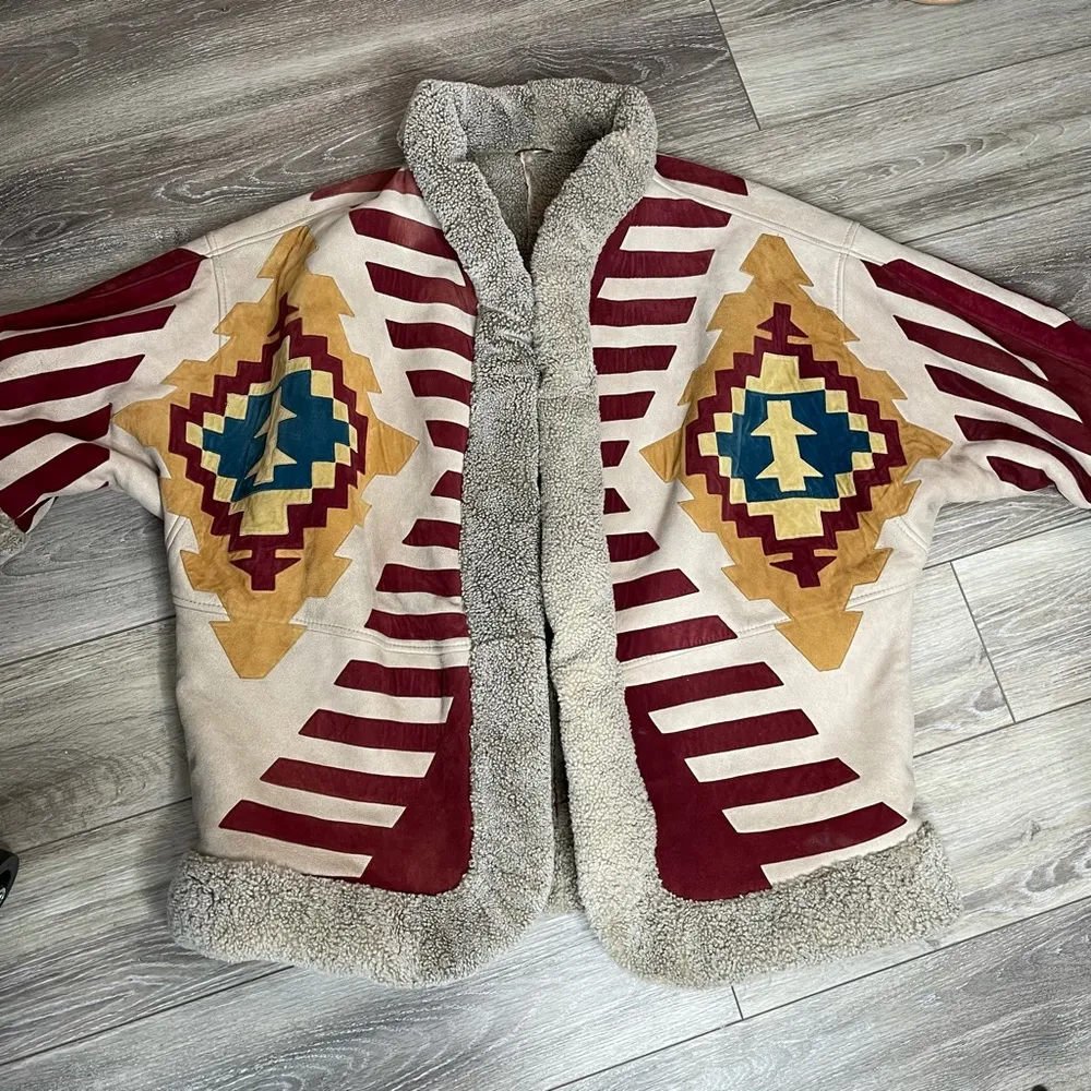 Vintage Customized Valentino‎ boutique aztec mesa leather shearling coat Large - Image 7