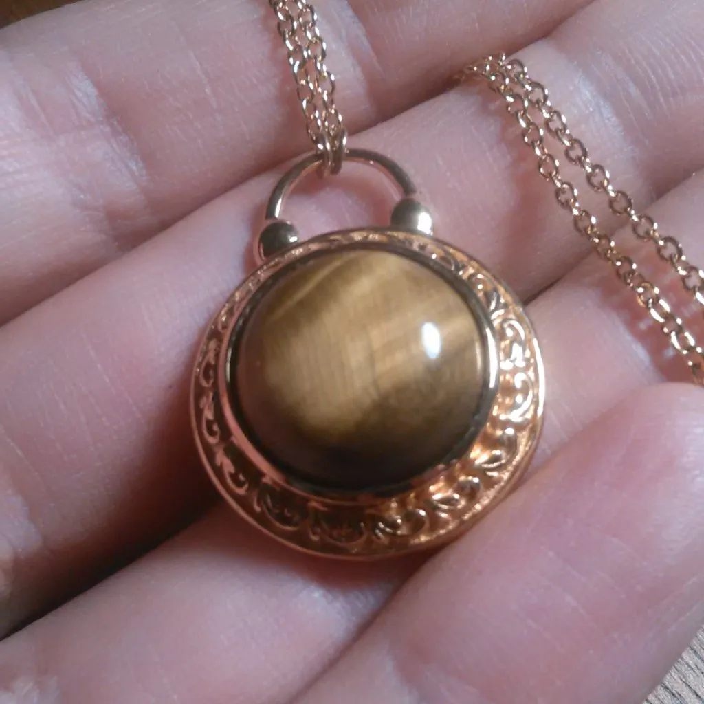 Tiger's Eye 14K Gold over Copper Pendant Gold Plated Stainless Steel Necklace - Image 9