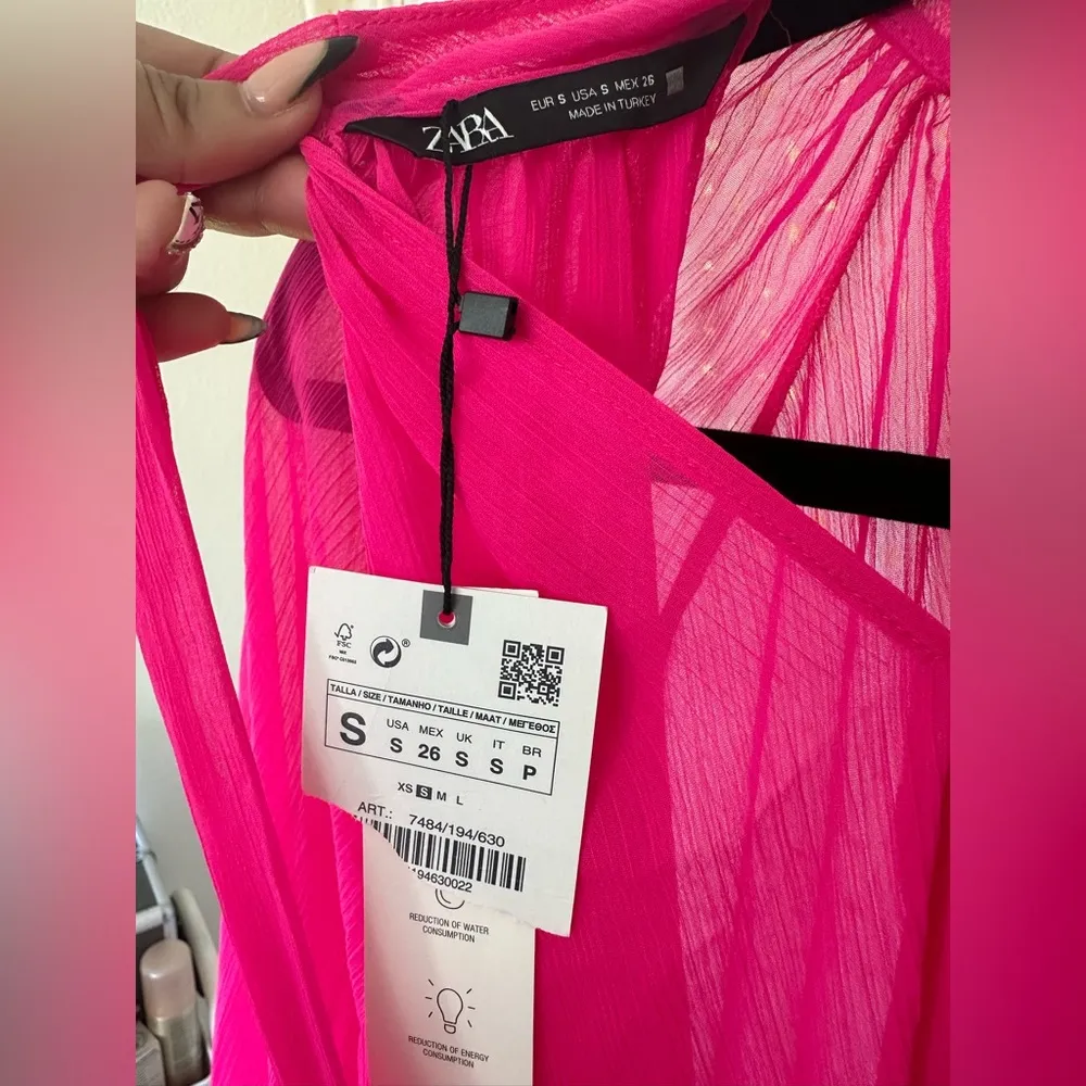 Zara Blogger's Favorite High Neck Sheer Pleated Balloon Sleeve Back Tie Blouse S - Image 9