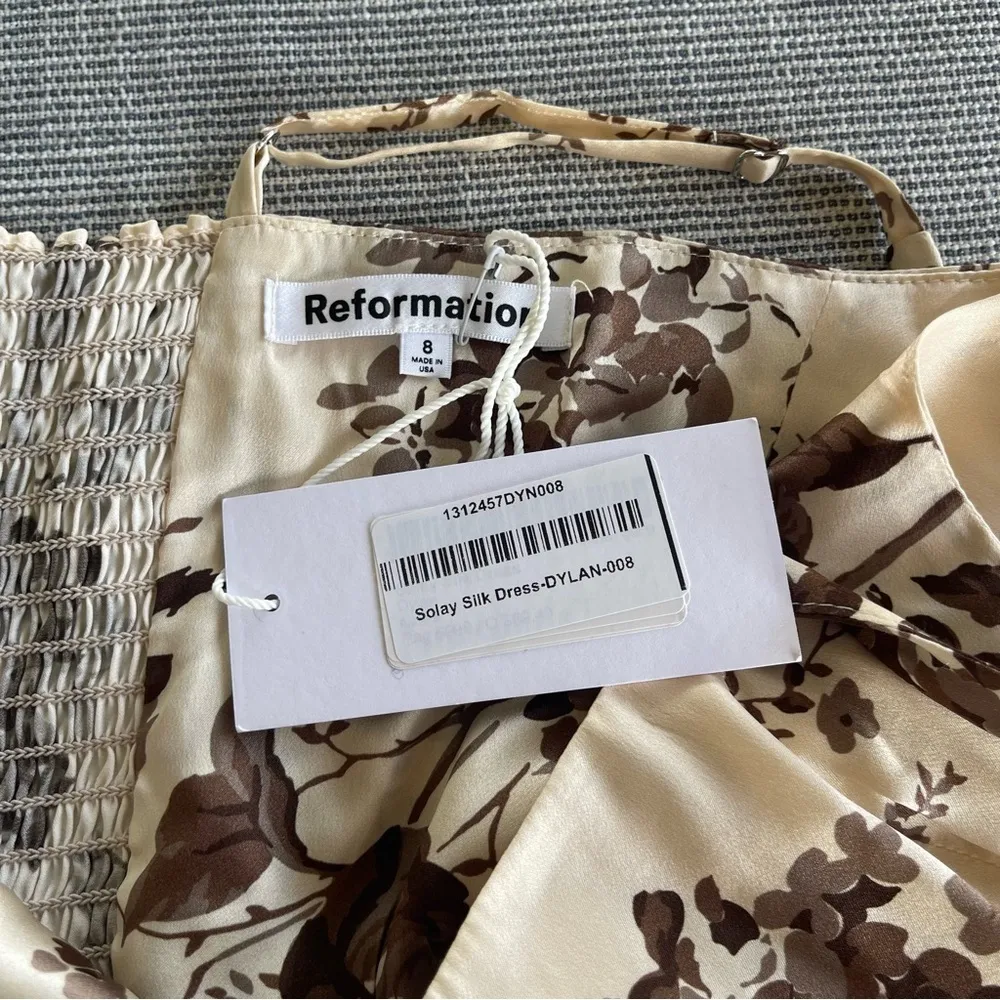 NWT Reformation Solay Silk Dress in Dylan Cream Brown Leaves Size 8 - Image 8