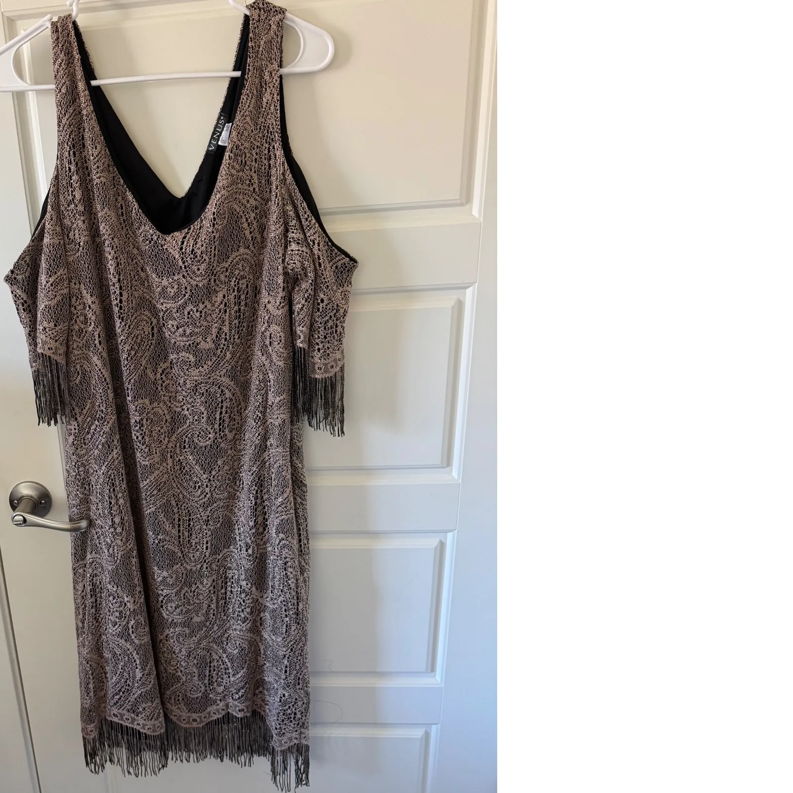 Venus sz 1X Women Gold Paisley Fringe Sheer Midi Dress Flapper Party Evening y2k - Image 3