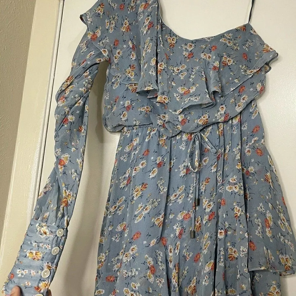 Anthropologie Valencia and vine one shoulder floral tiered blue flowy dress XS - Image 6